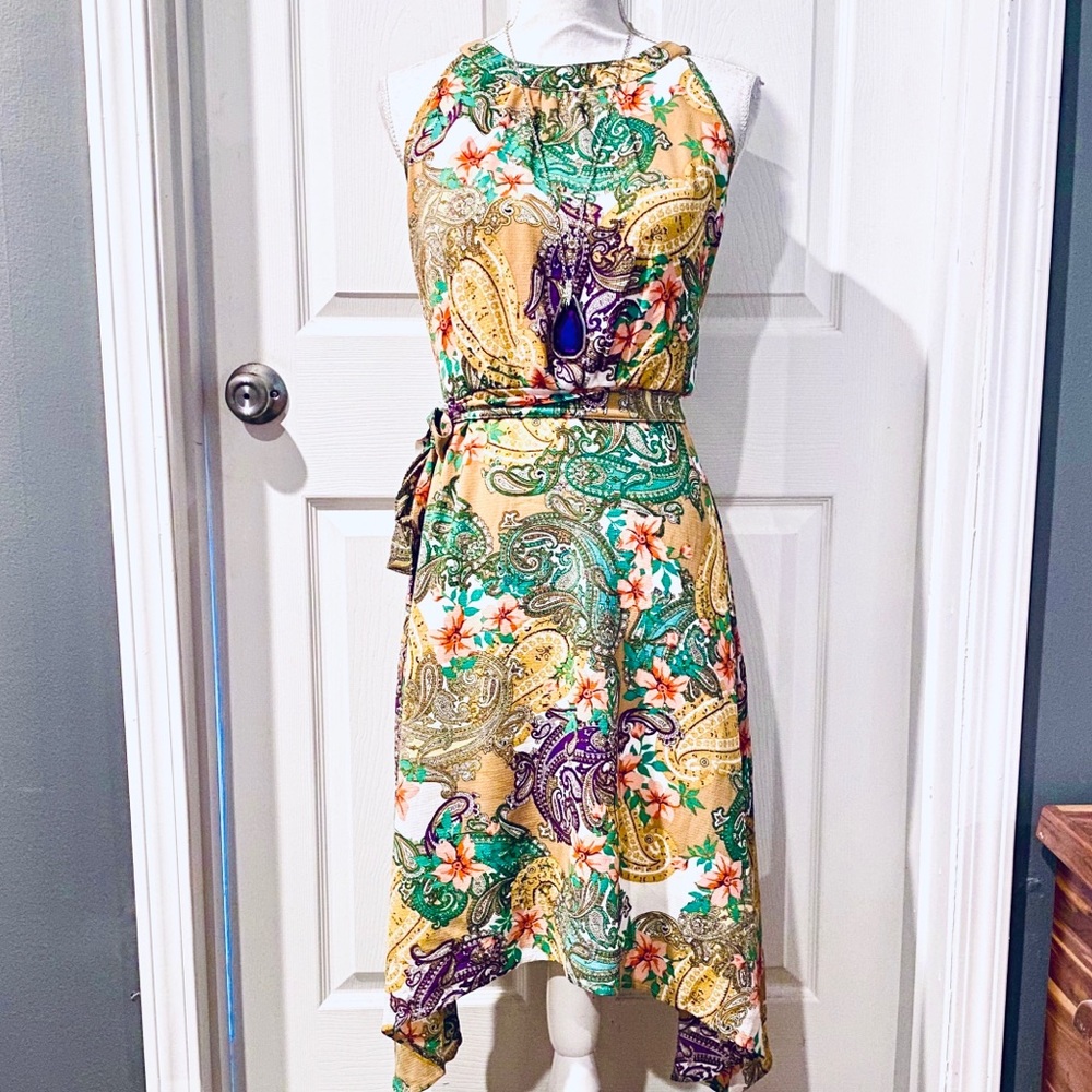 NWOT Paisley & Floral Sleeveless Tie-Waist Dress